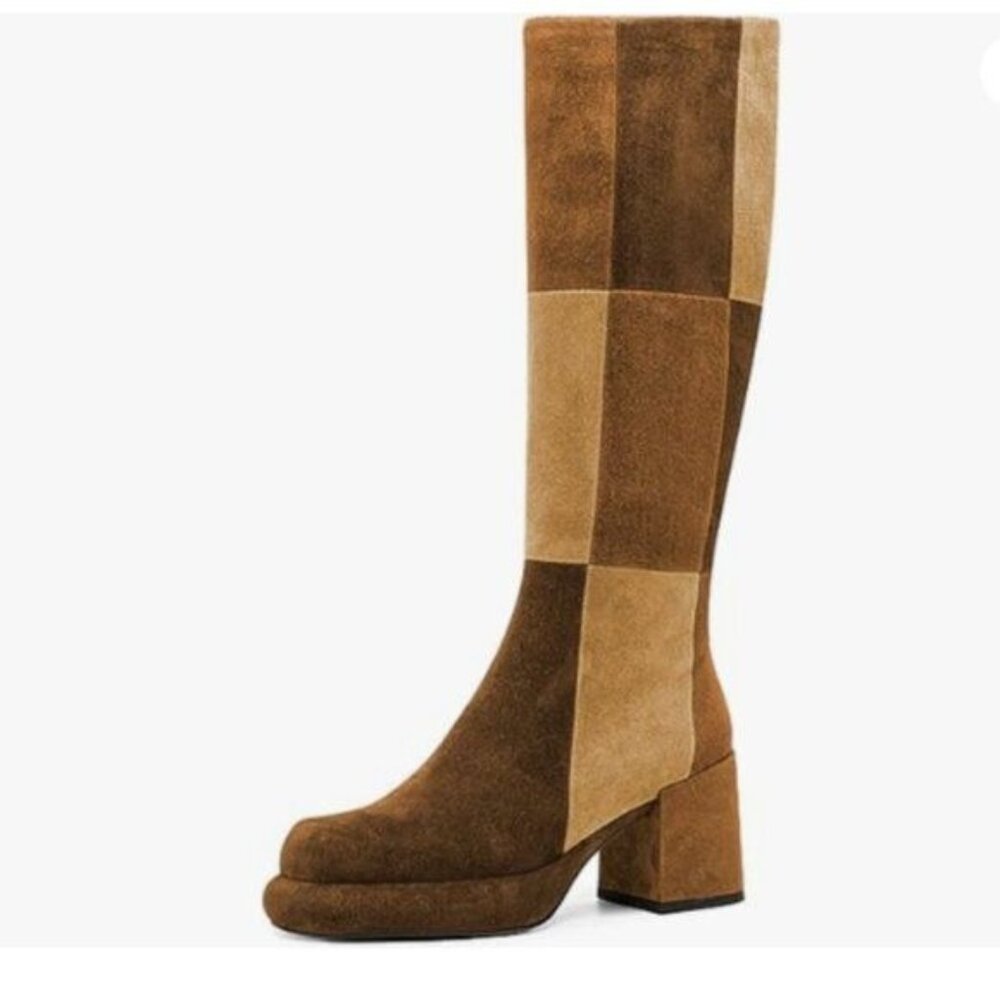 miss left Women Platform Knee High Boot Closed Round Toe Chunky Heel Brown Multi